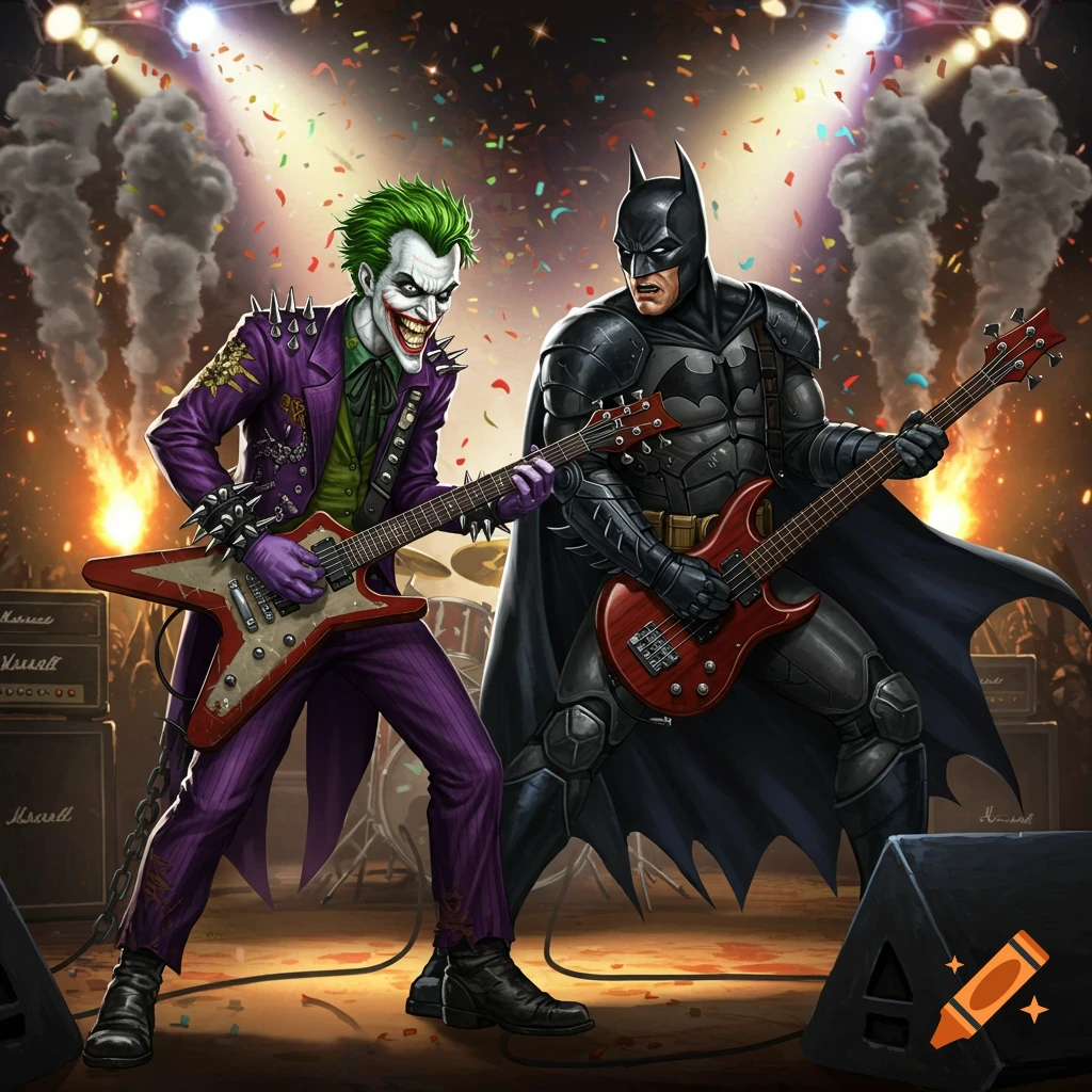 The Joker and Batman play electric guitars on a stage filled with smoke and confetti, in a comic book art style.