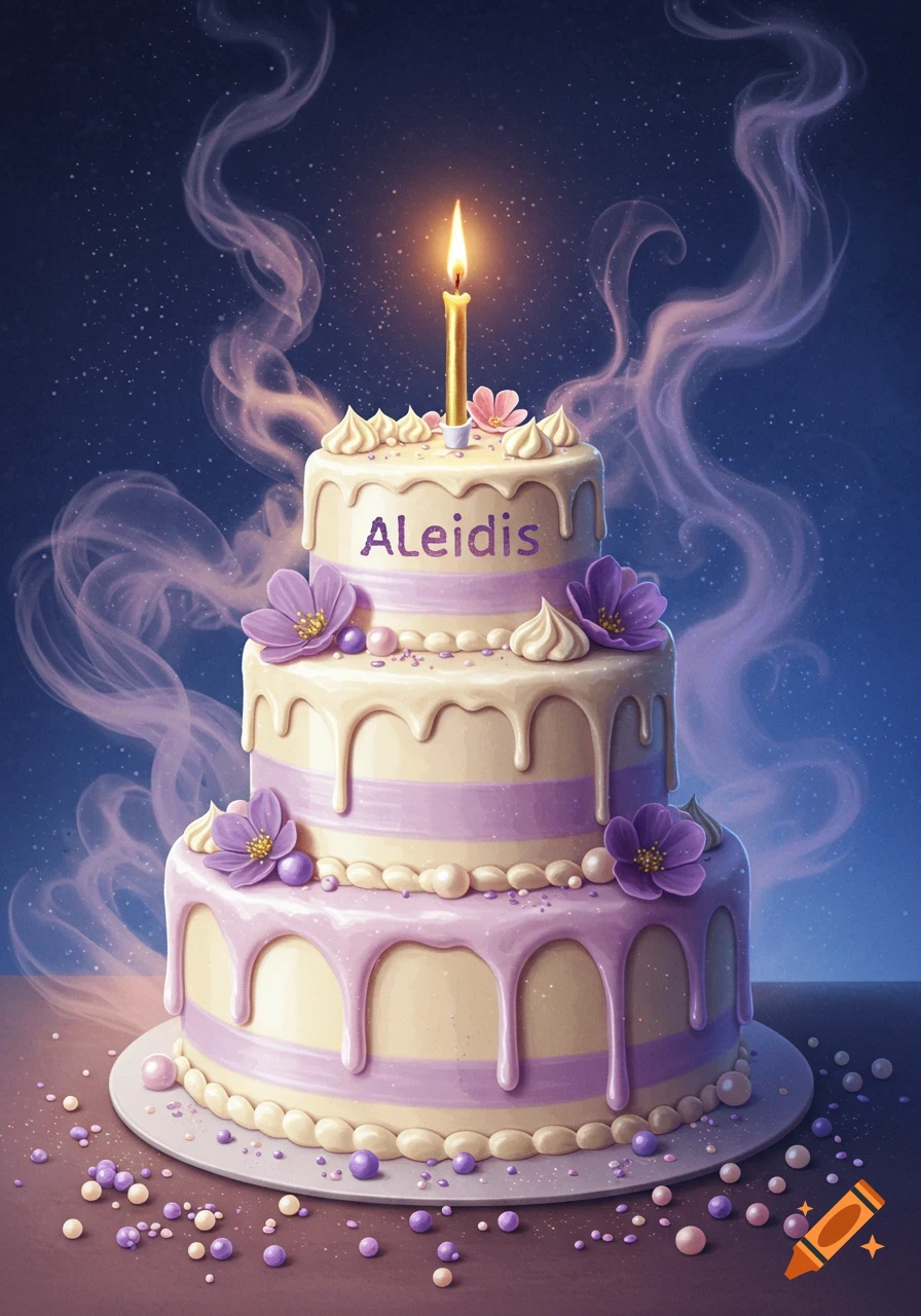 A three-tier birthday cake with purple and cream frosting, decorated with flowers, sprinkles, and a lit candle, against a starry blue background. 'ALeidis' is written on the cake.