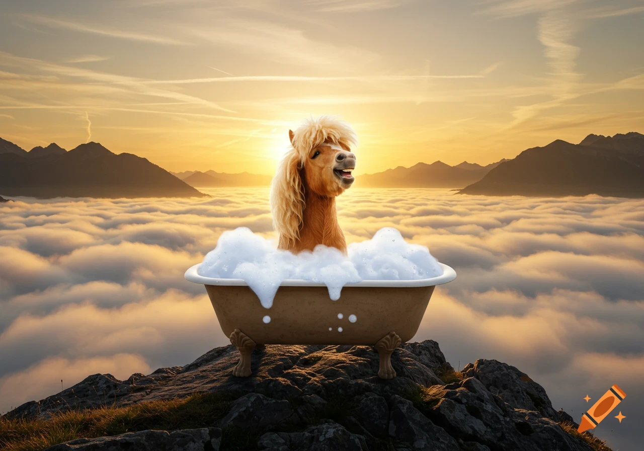 A fluffy pony with a smiling face takes a bubble bath in a tub on a mountain peak, overlooking clouds at sunrise.