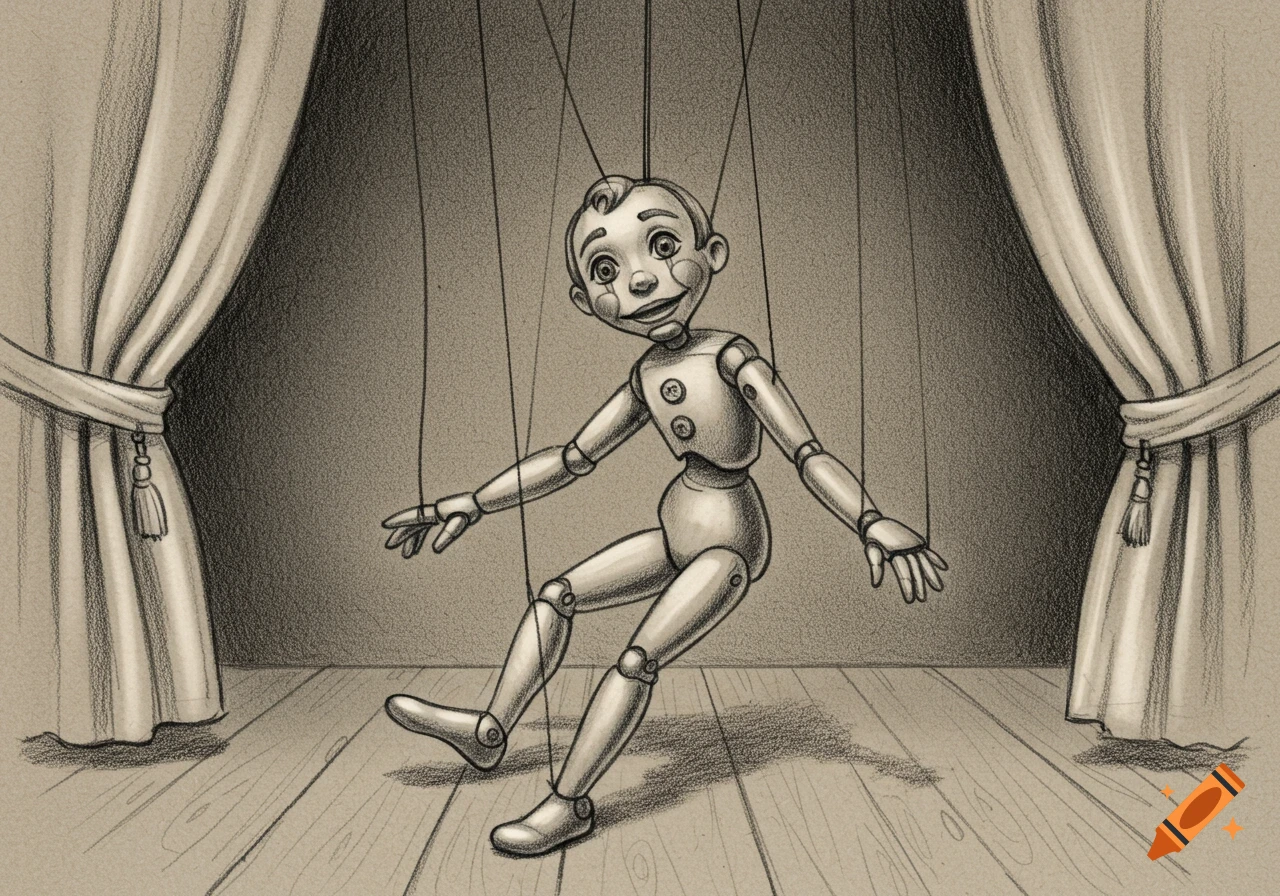 A gray-toned sketch of a wooden marionette puppet with strings attached, standing on a wooden stage with curtains.