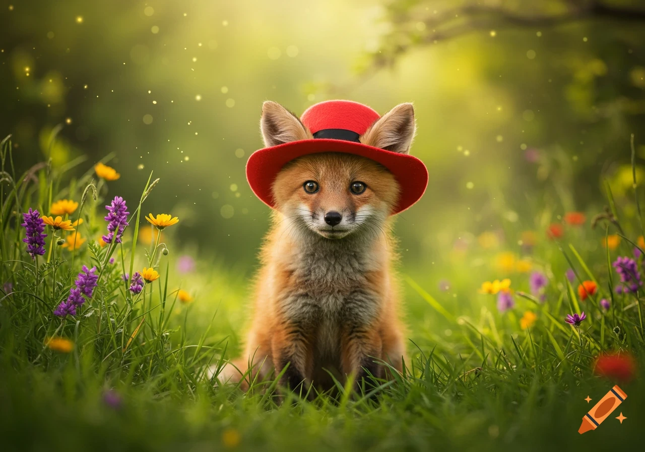 A cute baby fox wearing a red hat sits in a field of green grass and colorful wildflowers with sparkling lights.