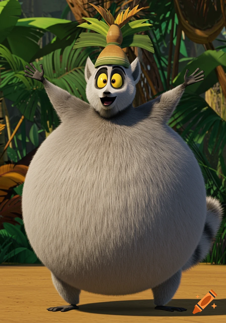 King Julien, a grey lemur, from Dreamworks Animation, is inflated into a large spherical body, smiling with arms outstretched.