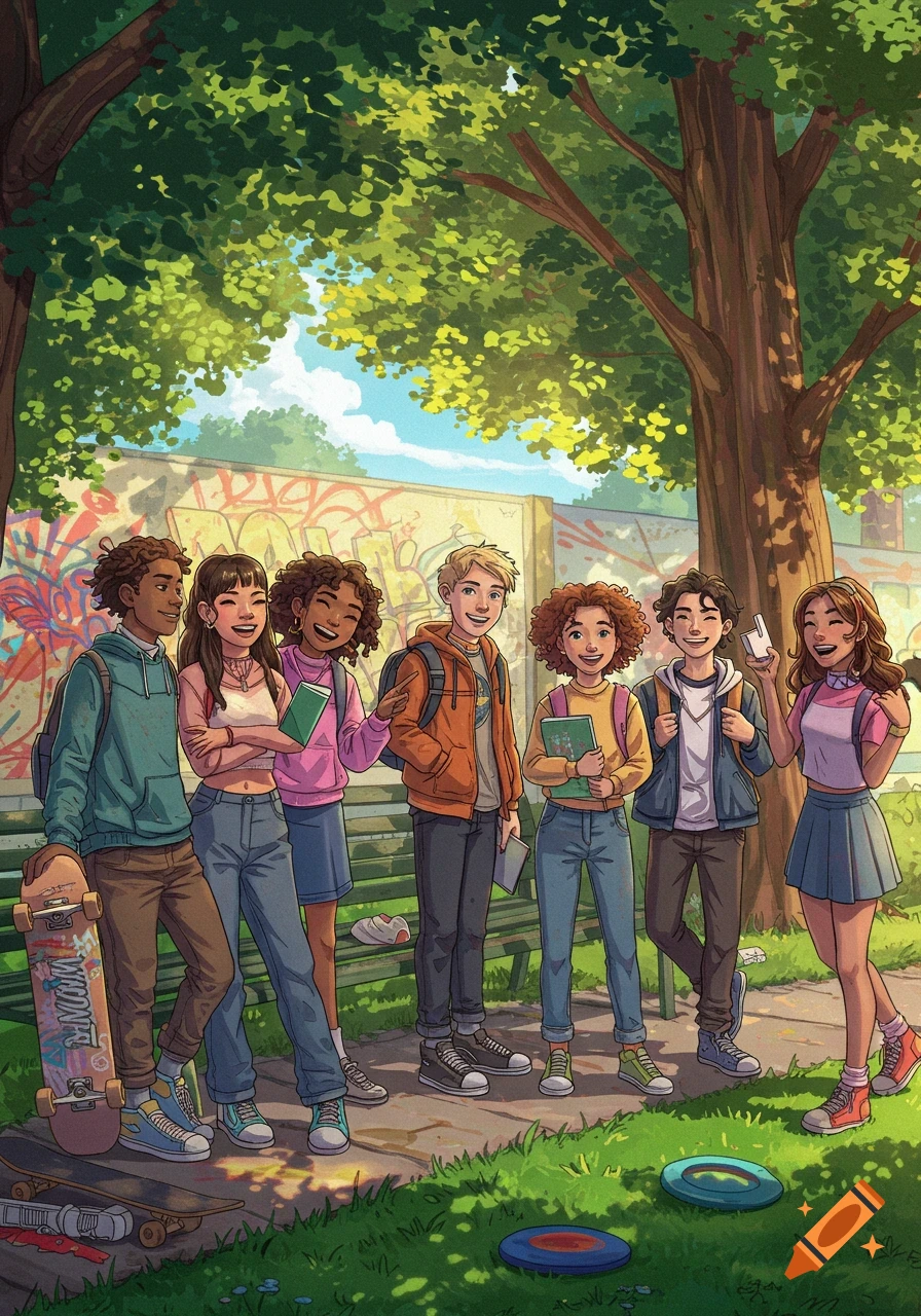 A vibrant illustration of a diverse group of joyful teenagers in a park with a graffiti wall background.