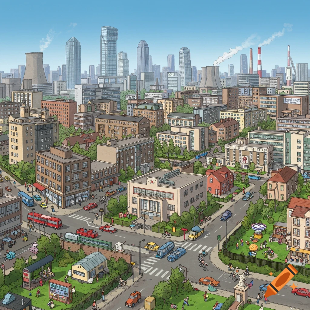 A busy, detailed isometric illustration of a sprawling city with streets, various buildings, vehicles, people, parks, and industrial structures like power plants.