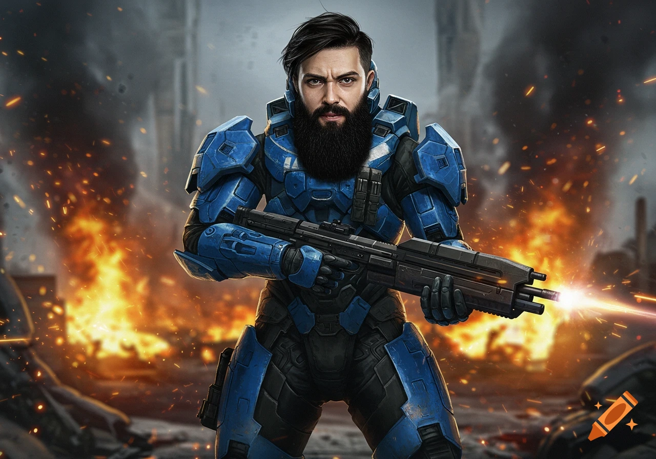 Photorealistic man in blue futuristic armor holding a rifle on a fiery battlefield.