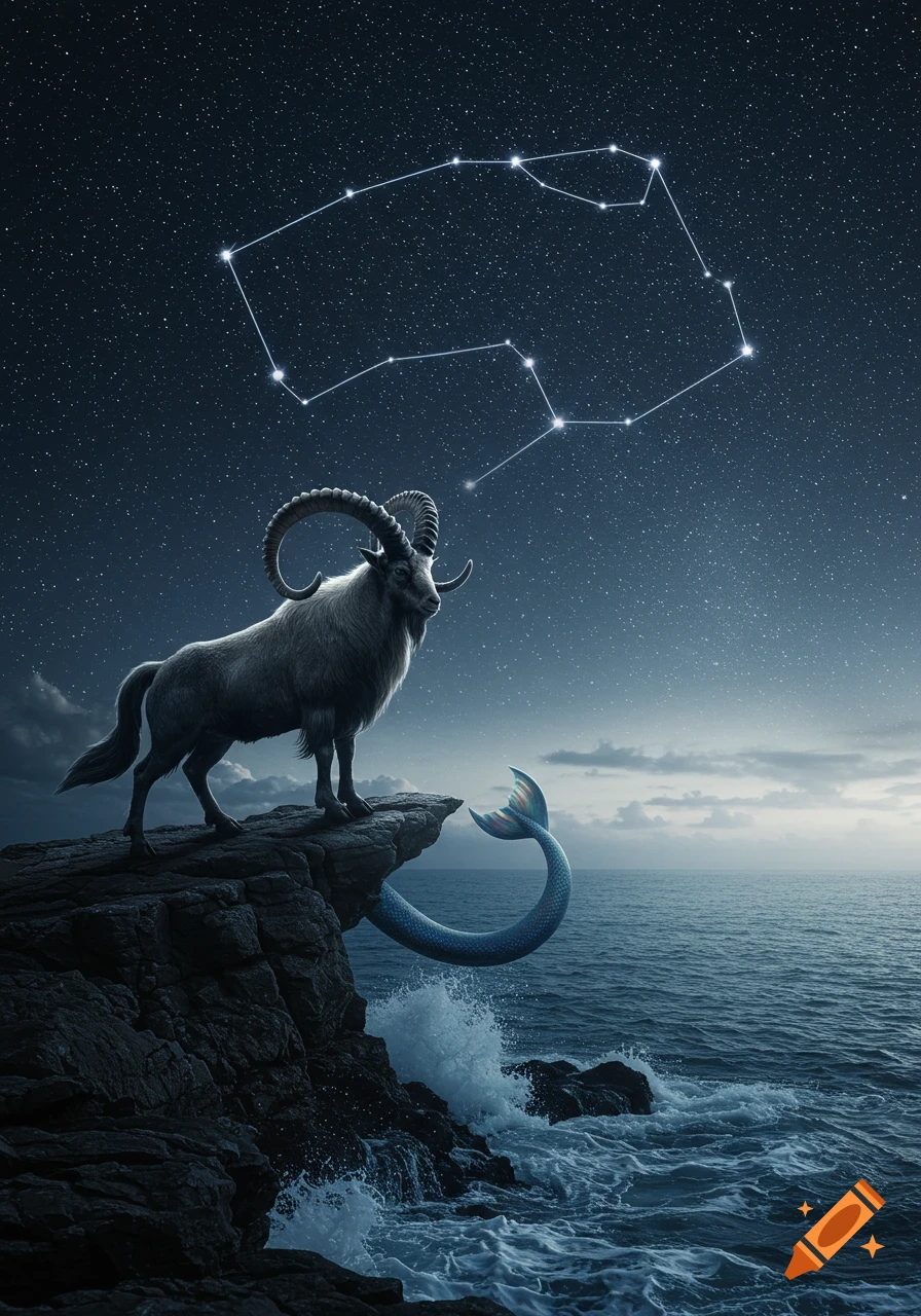 A majestic sea-goat with a textured upper body and a shimmering fish tail stands on a rocky cliff overlooking the ocean under a starry night sky with the Capricorn constellation.