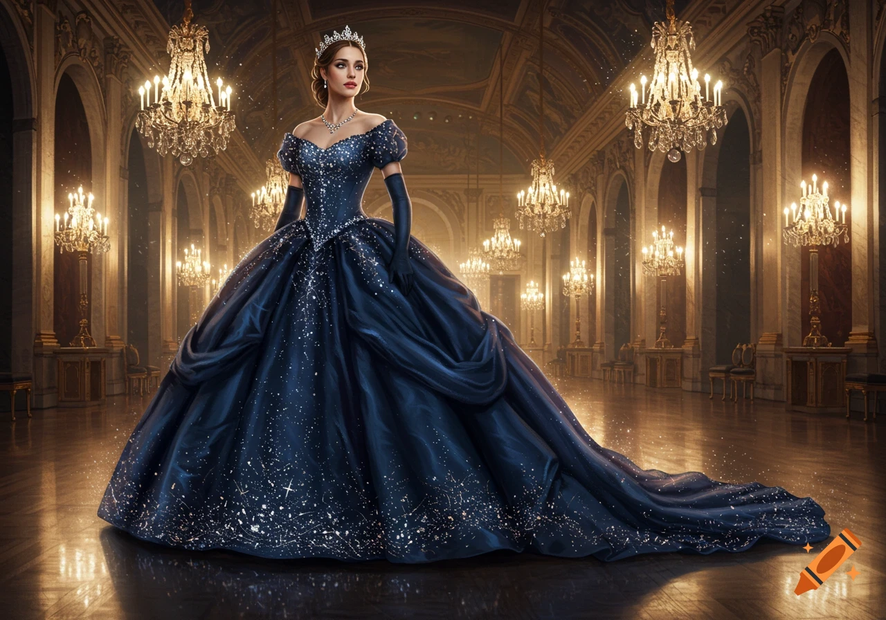 A woman in a sparkling dark blue ballgown stands in a grand ballroom illuminated by chandeliers.