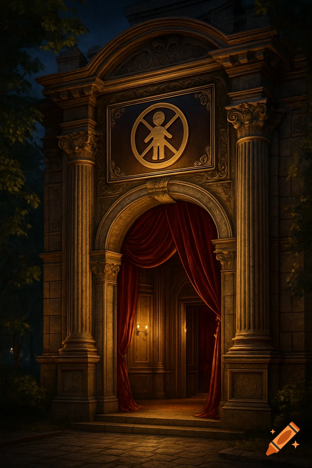 A dimly lit, grand stone archway with red velvet curtains and a 'no children' symbol on a golden sign, resembling a theater entrance.