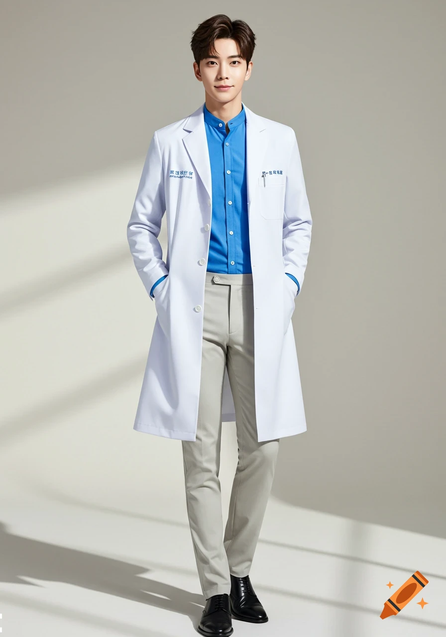 A full body studio portrait of a young man wearing a blue mandarin collar shirt, a white doctor's coat, light gray pants, and black shoes.