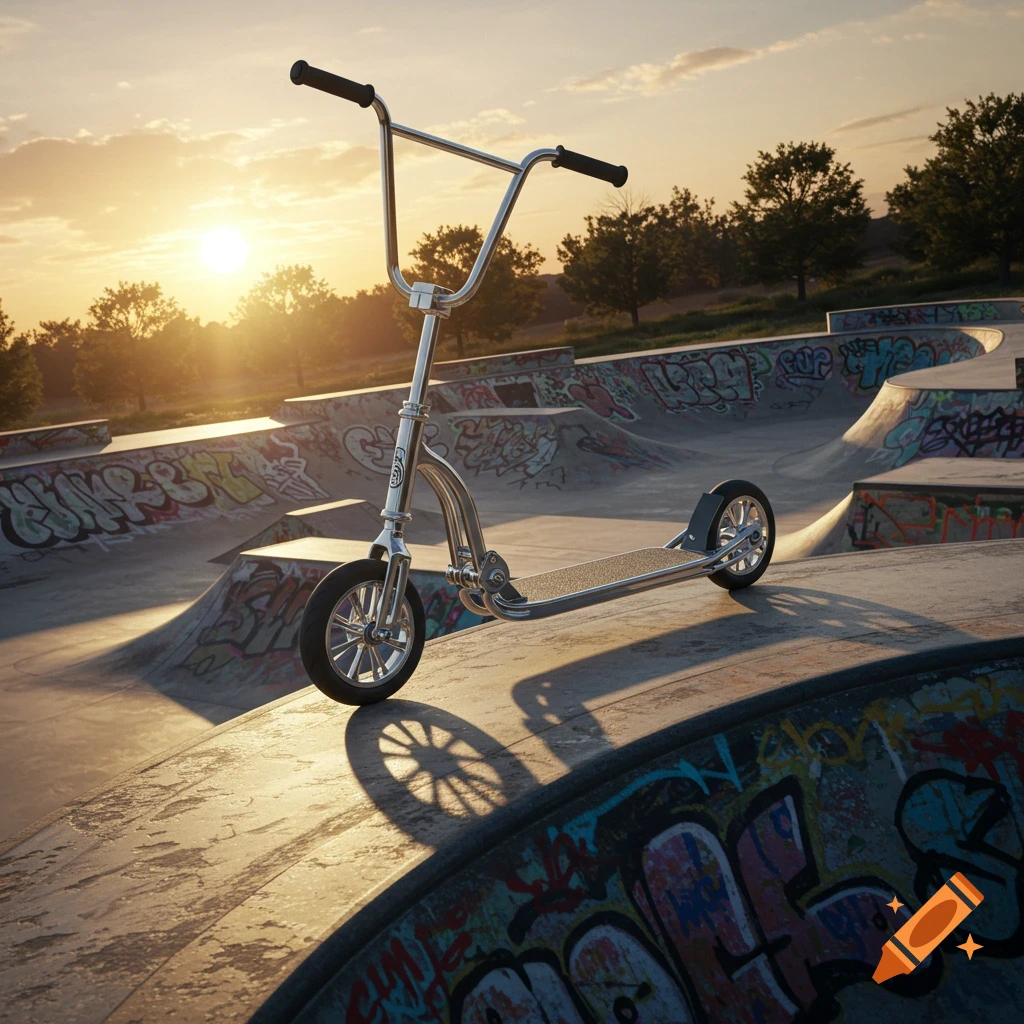 A shiny silver scooter with black handlebars rests on the edge of a graffiti-covered skate park at sunset.