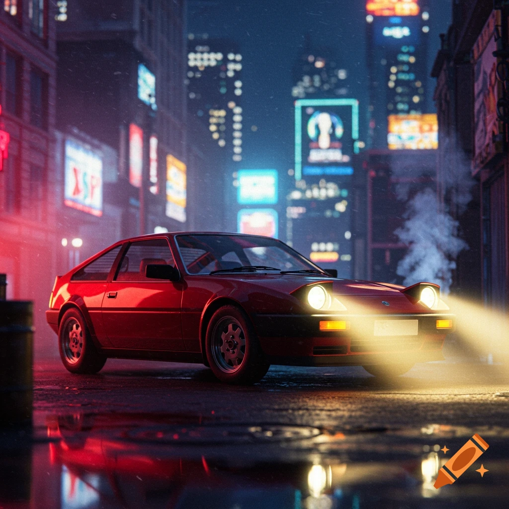Red sports car with pop-up headlights on a wet, neon-lit city street at night, reflecting in puddles.
