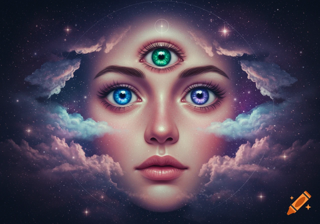 Stylized portrait of a woman's face with three colorful eyes (blue, purple, green), surrounded by cosmic clouds and stars.