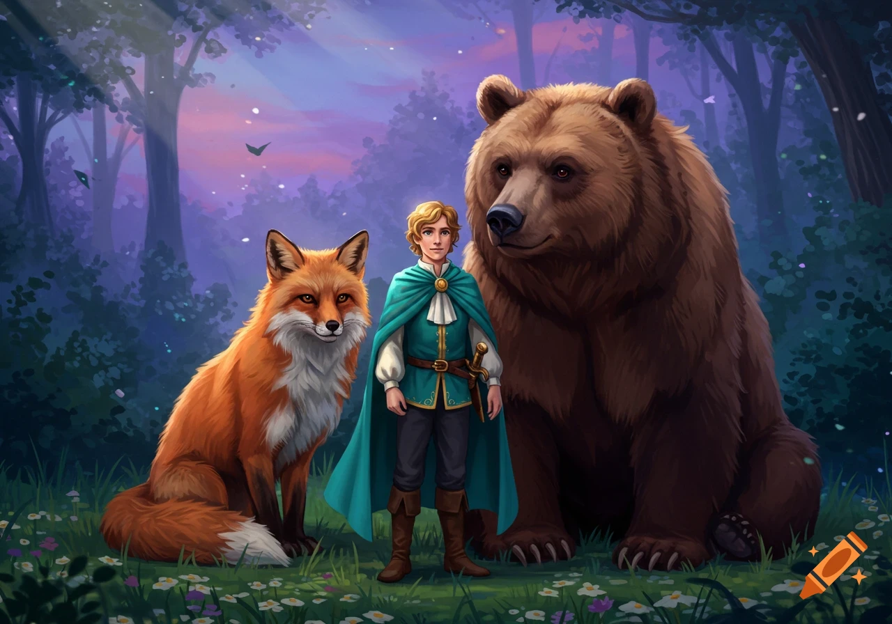 A young prince in a teal cape stands between a fox and a bear in an enchanted forest.