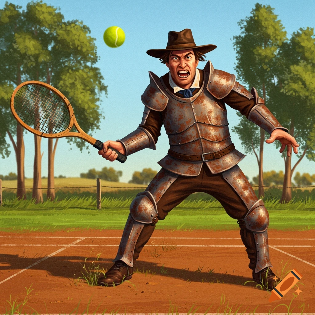 An illustration of a man resembling Ned Kelly in rusty armor, wearing a brown hat and yelling, playing tennis on a clay court.