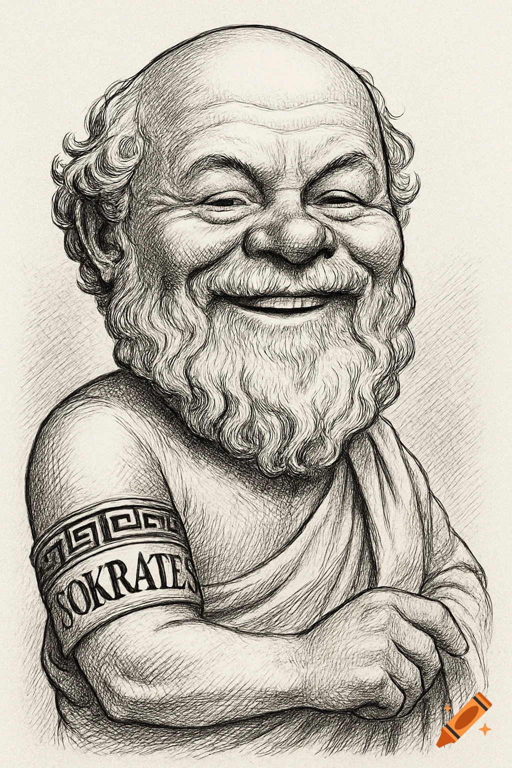 Black and white sketch caricature of a smiling, bearded Socrates in a toga with his name on an arm band.