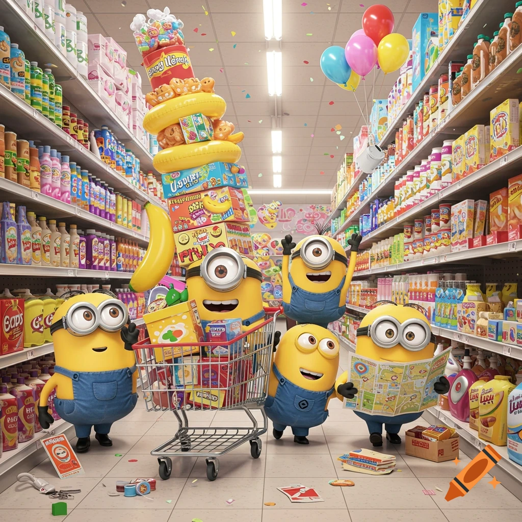 Five Minions are shopping in a brightly lit supermarket aisle, with one pushing a cart overflowing with groceries and another reading a map.