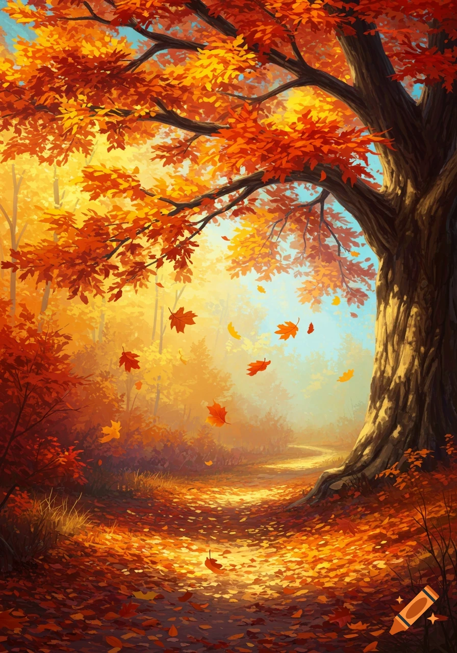 Vibrant painterly autumn forest scene with a path covered in orange and red falling leaves, beneath a large tree.