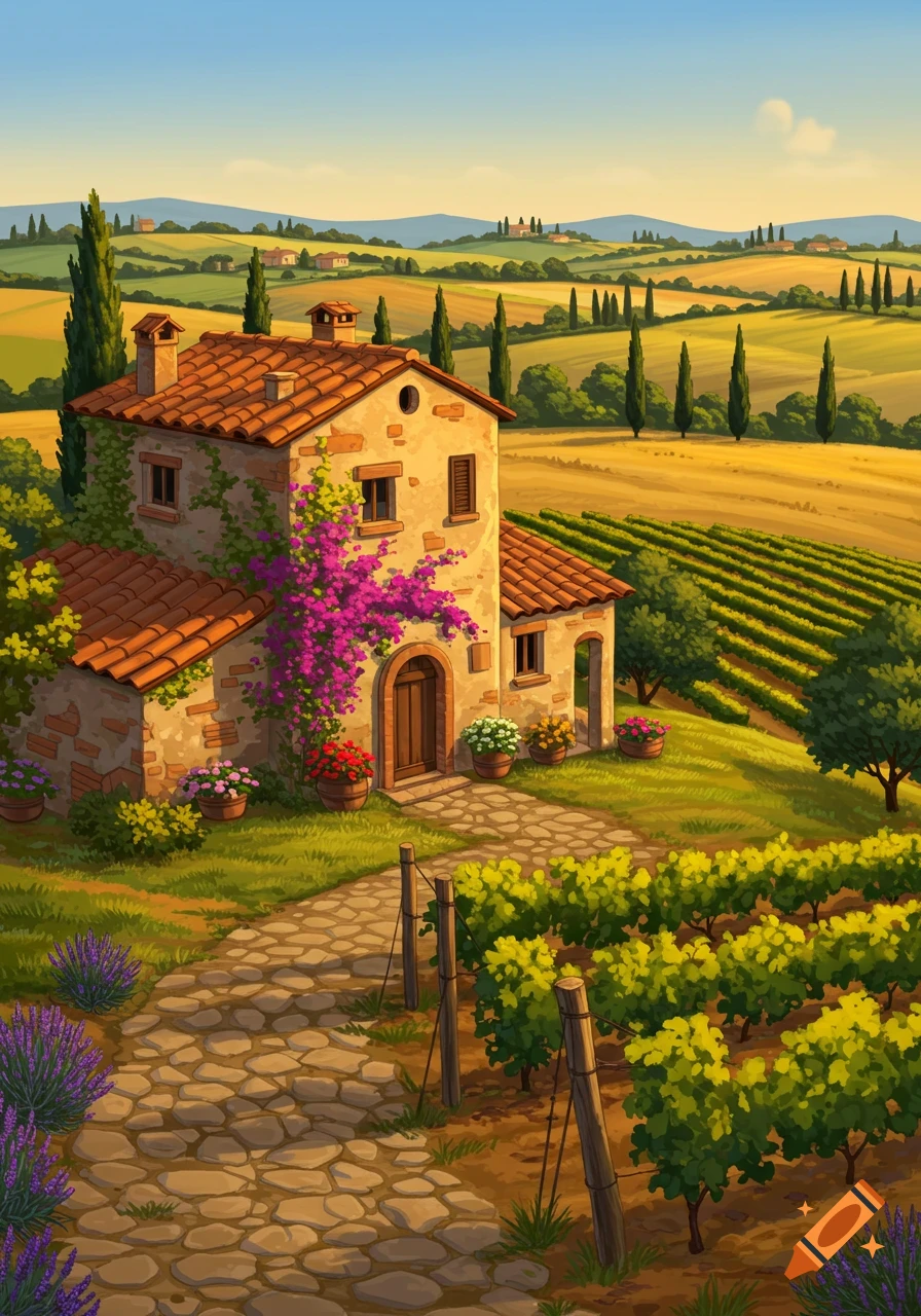 A colorful, stylized illustration of a rustic Tuscan villa nestled among vineyards and rolling hills under a sunny sky.