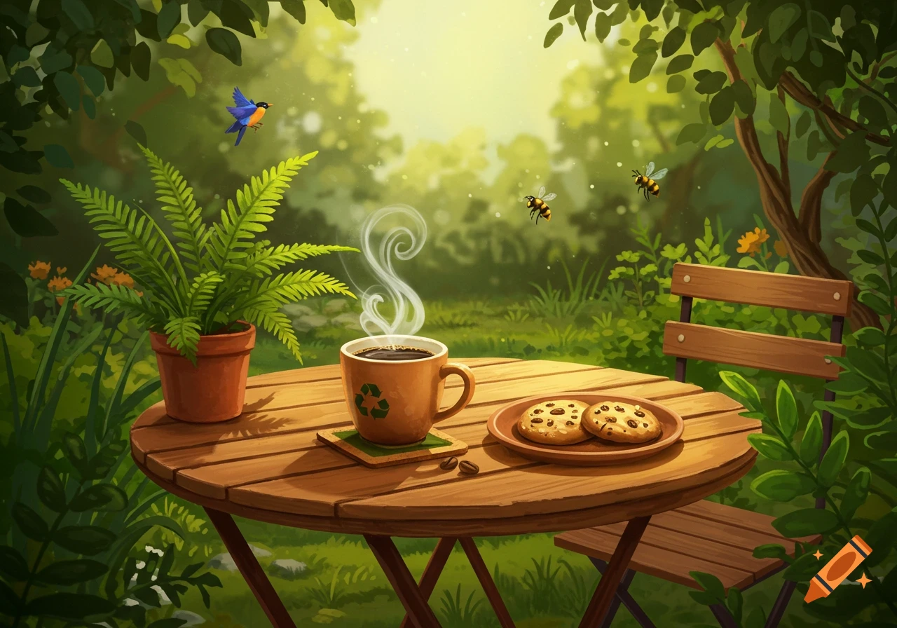 Stylized illustration of a steaming coffee cup with a recycling symbol and two cookies on a wooden table in a lush green garden with a flying bird and bees.