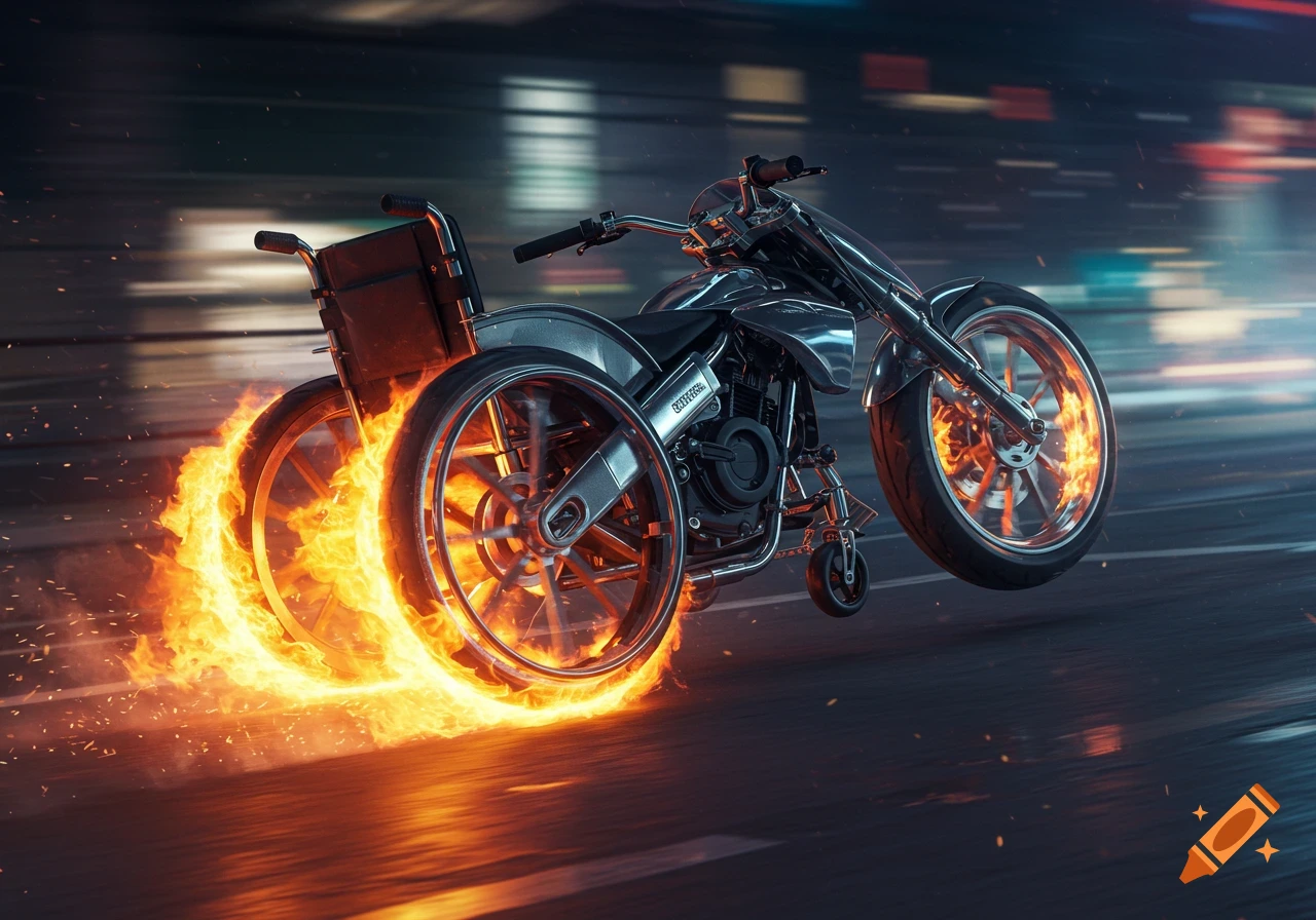 A chrome wheelchair-motorcycle hybrid with flaming wheels races down a dark street at night, rendered photorealistically.