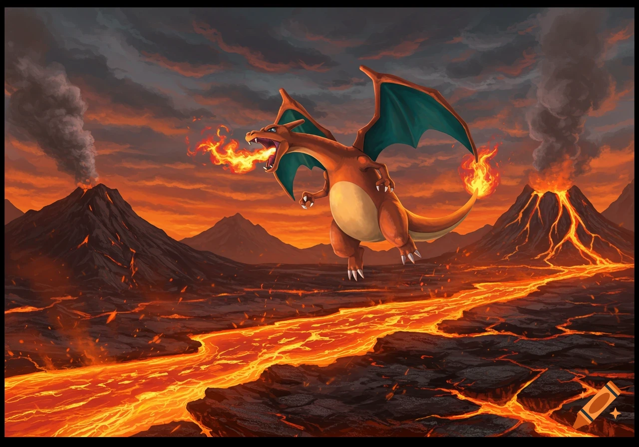 Charizard flying and breathing fire over a volcanic landscape with flowing lava and erupting volcanoes under a fiery sky.