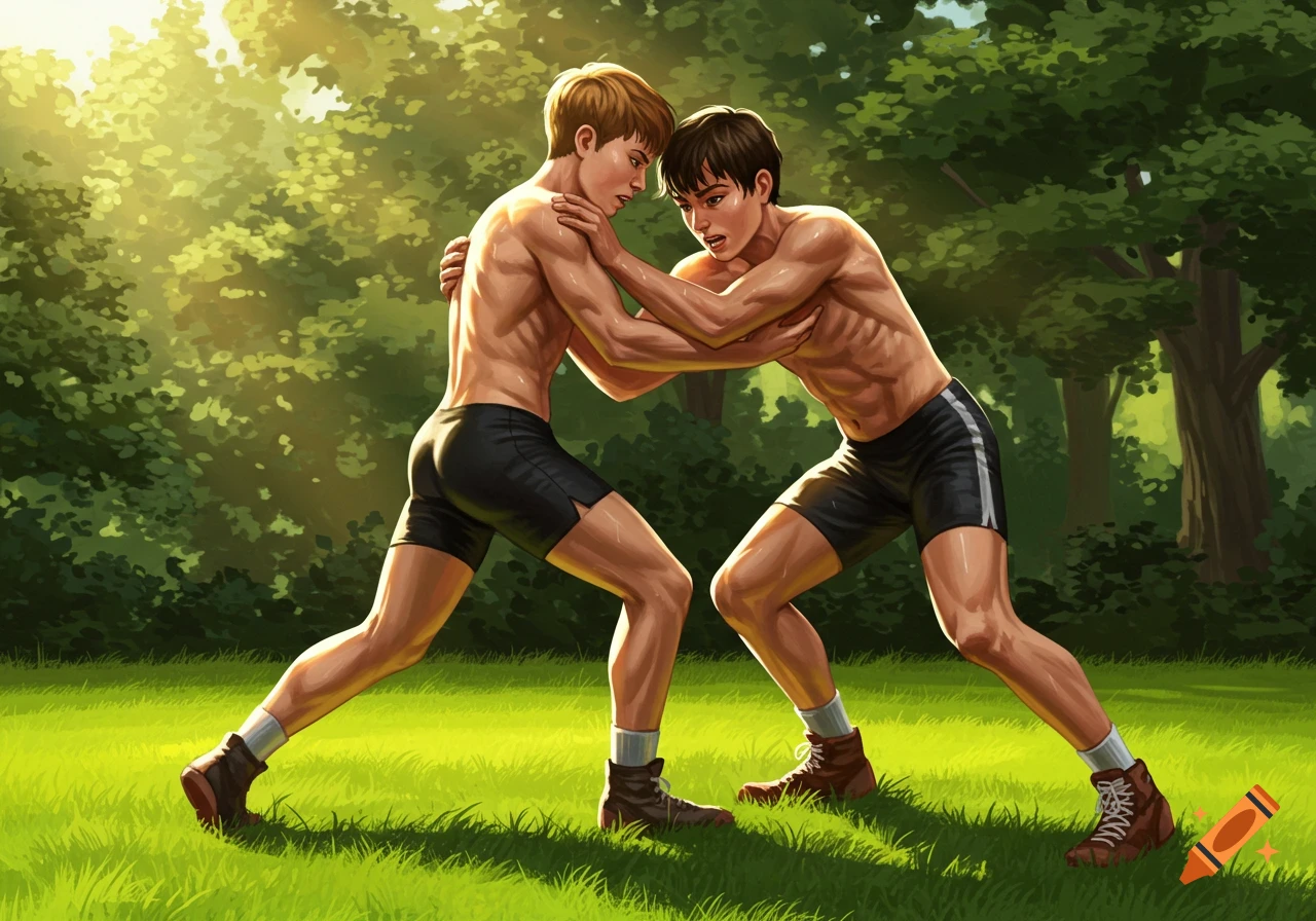 Two boys wrestle shirtless in black shorts on a sunny grassy field with a forest background in an illustrated style.