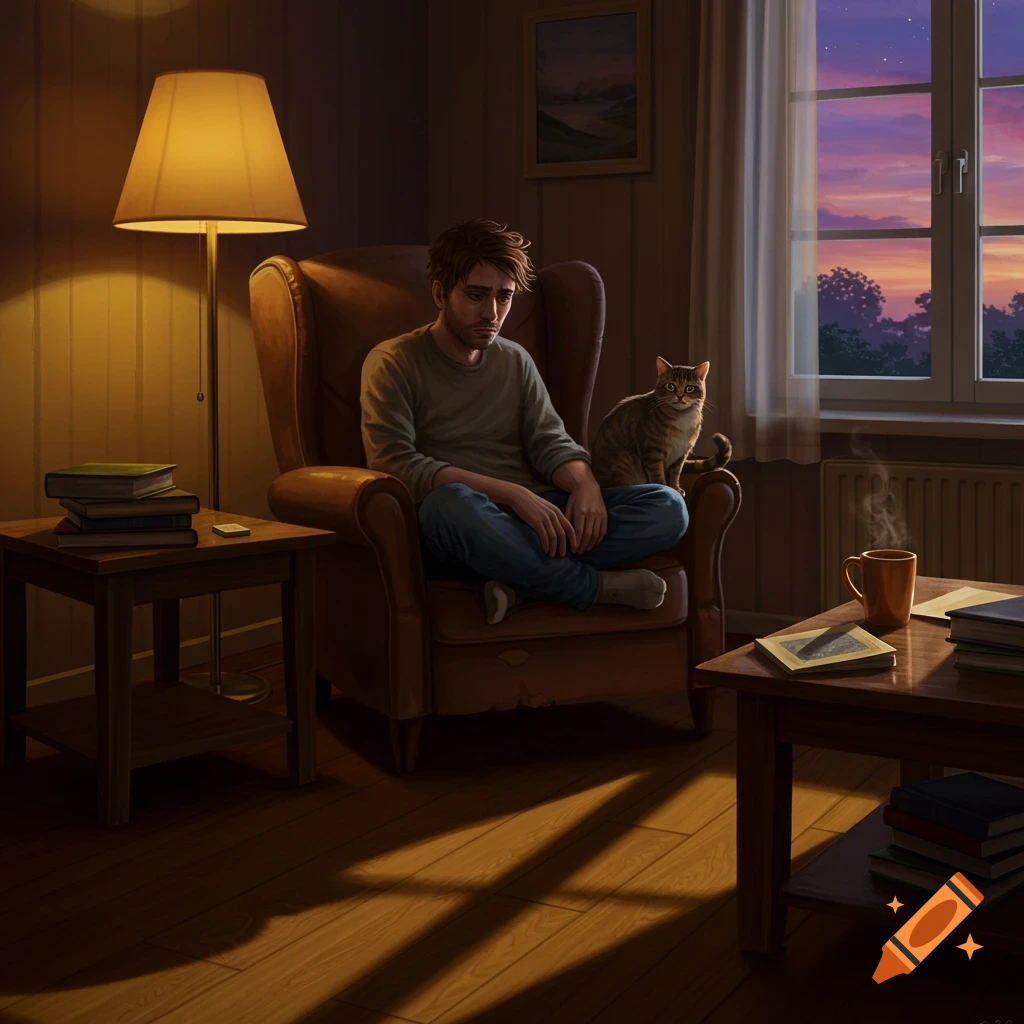 A worried man sits in a brown armchair with a tabby cat, illuminated by a floor lamp, as a vibrant sunset glows outside the window.