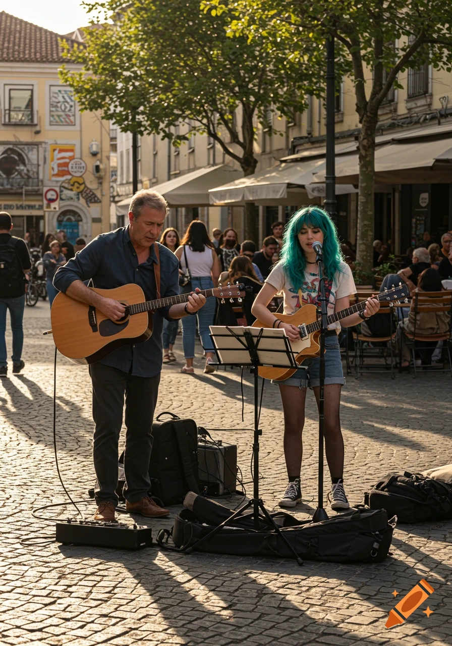 A man and a teal-haired woman play guitars on a cobbled pedestrian street in a photorealistic style.