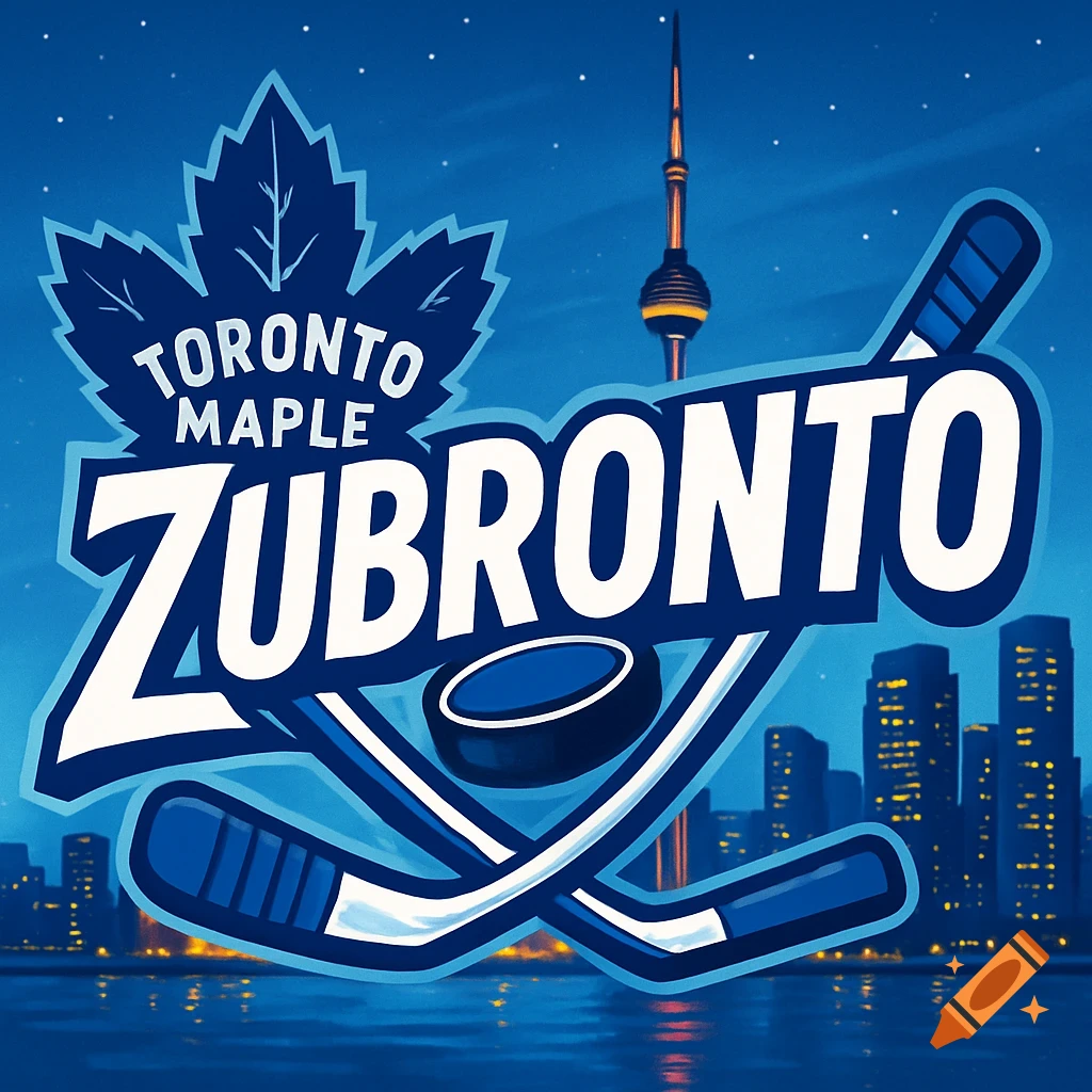 Blue and white hockey logo with a maple leaf, crossed sticks, puck, 'TORONTO MAPLE ZUBRONTO' text, and Toronto skyline background.