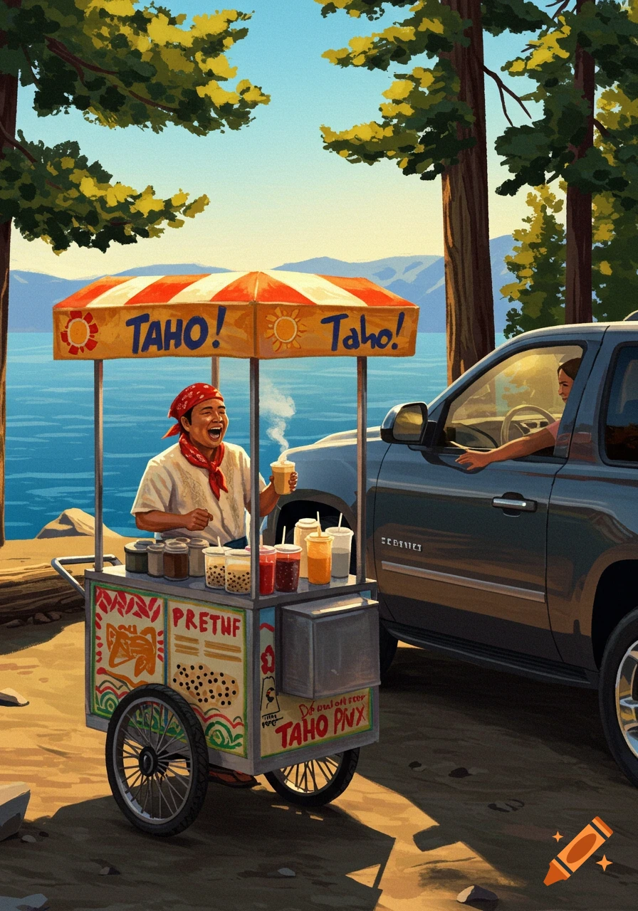 A Filipino taho vendor serves a customer in a car by a lake, with mountains and trees, in a digital painting style.
