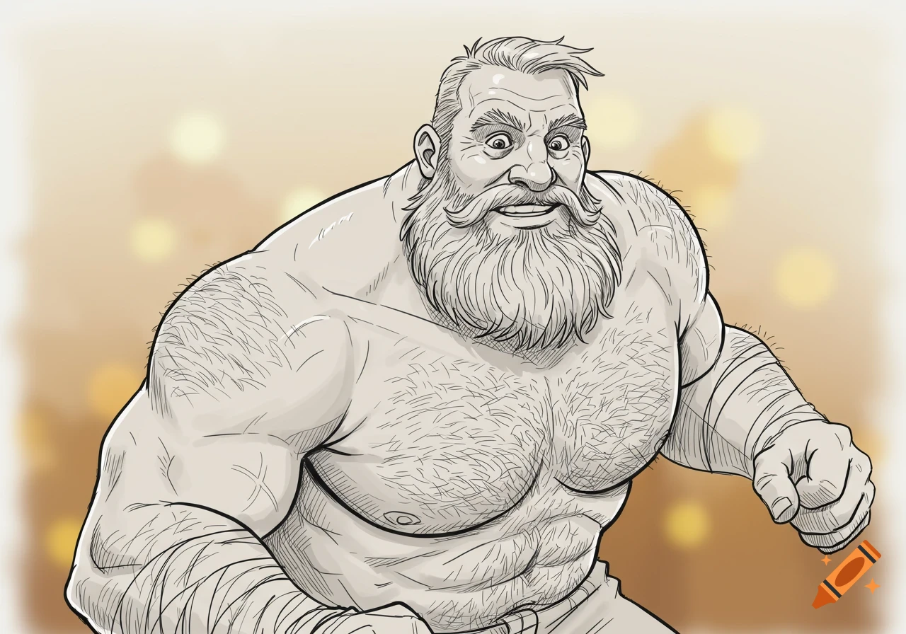 An illustration of a muscular, hairy, bearded man with bandages on his forearms, in a dynamic pose with expressive eyes, against a bokeh background.