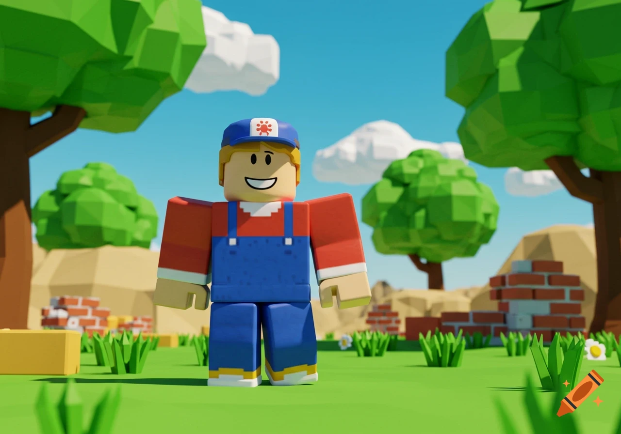 A smiling blocky Roblox character in red and blue overalls stands in a low-poly green field with trees and clouds.