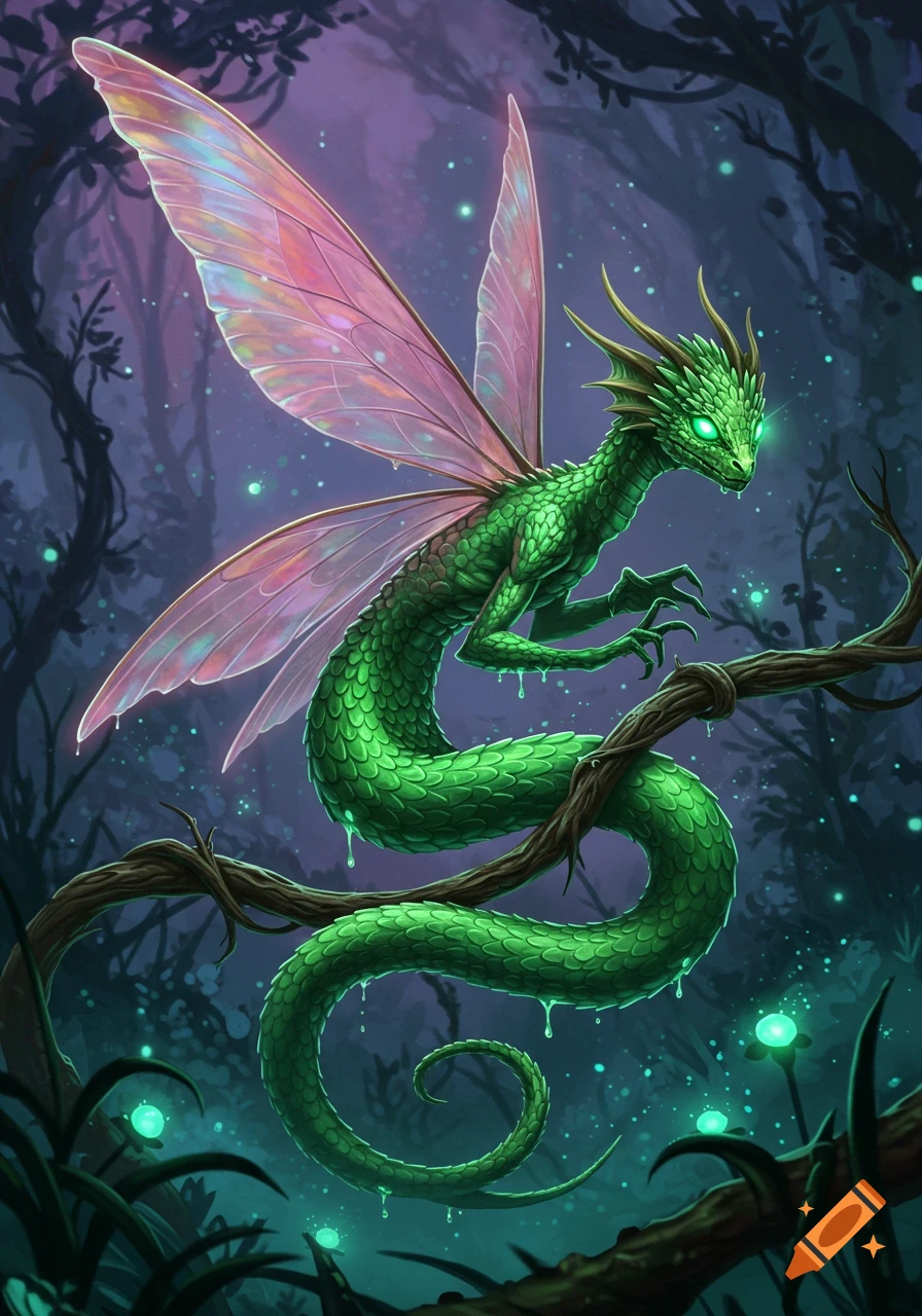 A glowing green fairy dragon with pink iridescent wings perches on a gnarled branch in a dark, mystical forest with glowing plants.