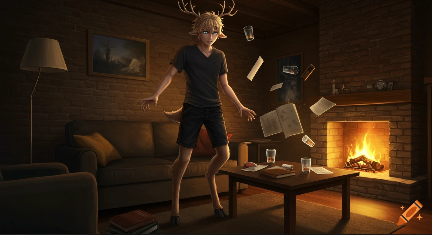 A blond anime satyr with antlers, hooves, and a tail stands frustrated in a cozy room with a fireplace as objects float around him.