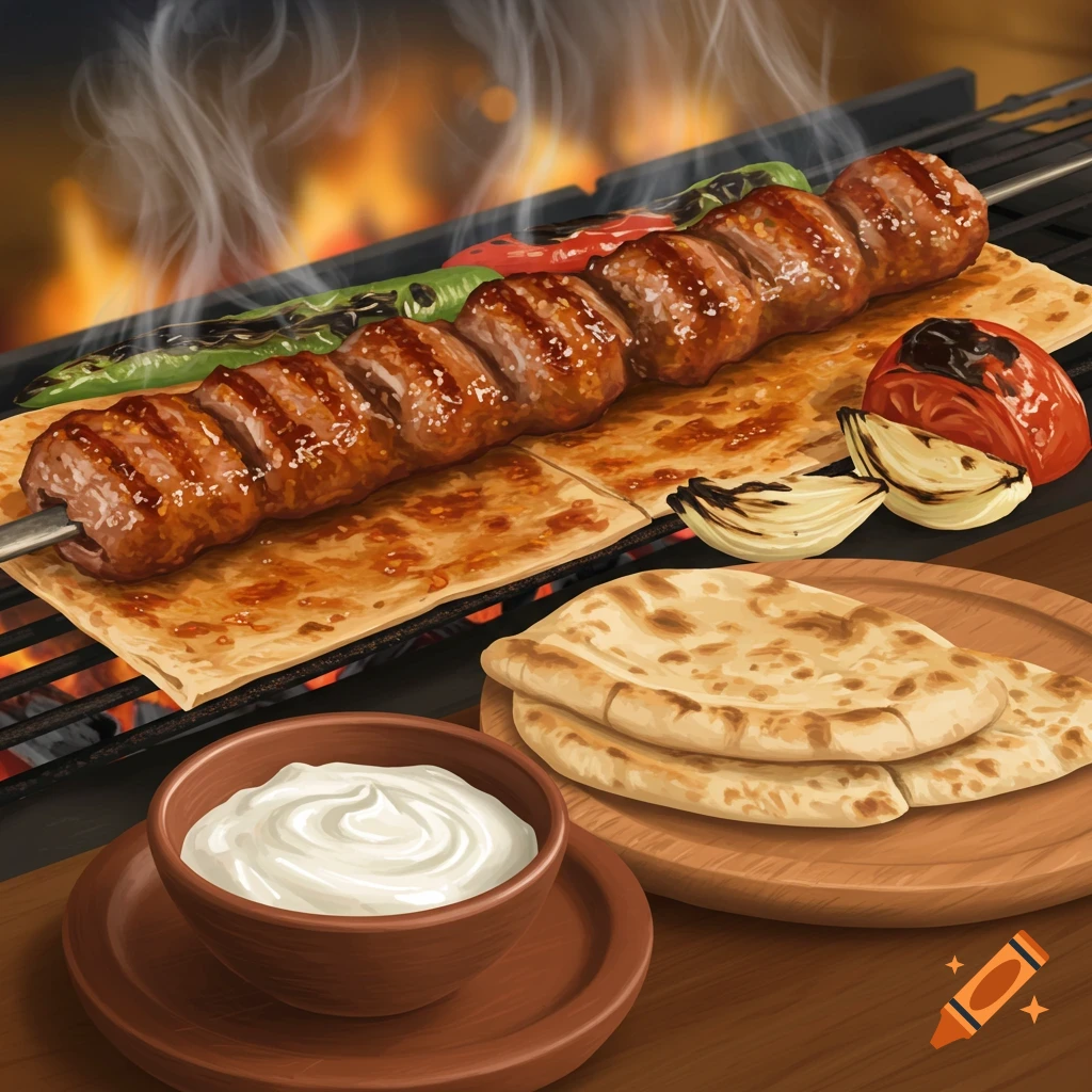 A delicious kebab skewer and grilled vegetables cooking on a fiery grill, served with flatbread and yogurt sauce in a digital painting style.