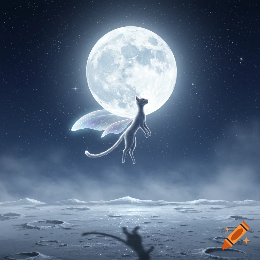 A white winged cat-like creature floats in front of a bright full moon above a cratered lunar landscape with distant mountains.