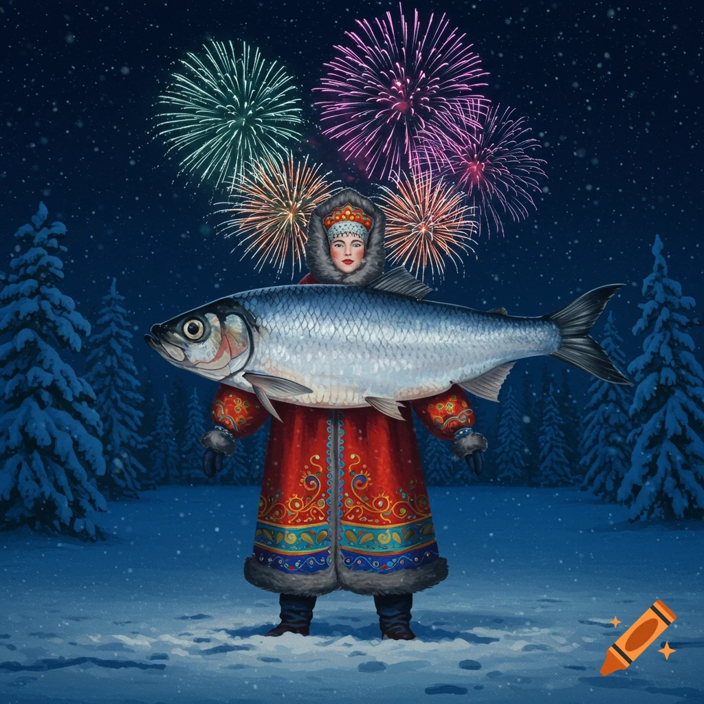 A person in a red traditional fur coat holds a giant herring in a snowy forest at night, with colorful fireworks in the sky.