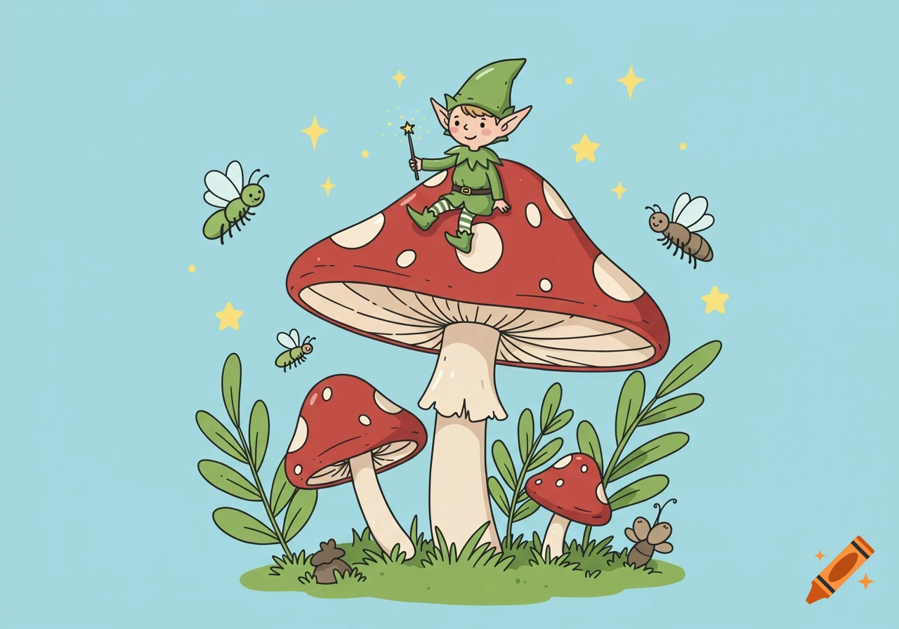 Cheerful cartoon elf in green sits on a large red mushroom, holding a star wand, surrounded by bugs, smaller mushrooms, and stars.
