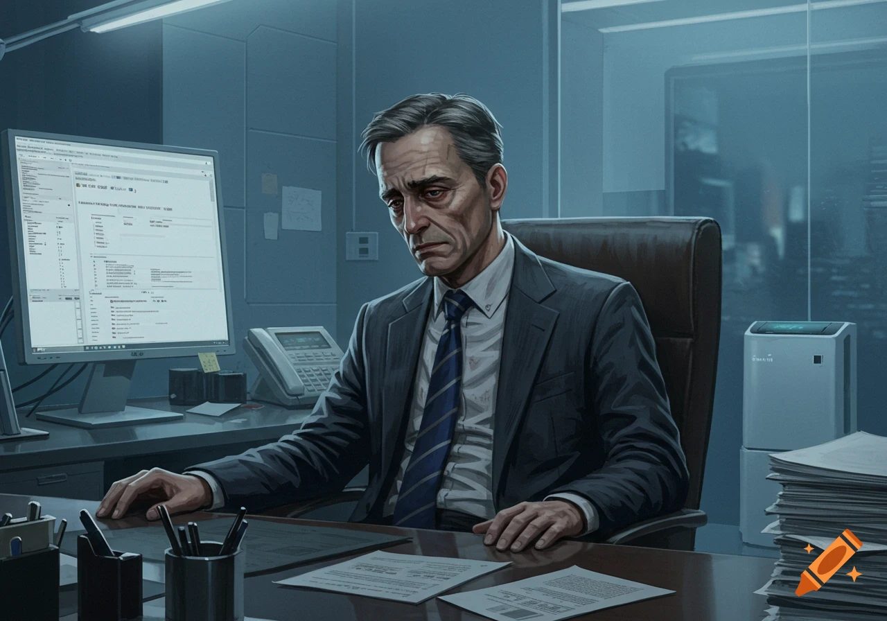 A somber, unhealthy-looking man in a suit sits at a desk in a dimly lit office, looking tired. A computer screen shows garbled text.