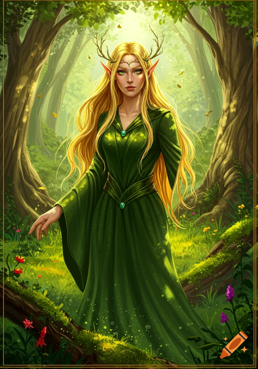 Digital painting of a blonde female elf with antlers and pointed ears in a flowing green dress, standing in a lush forest.
