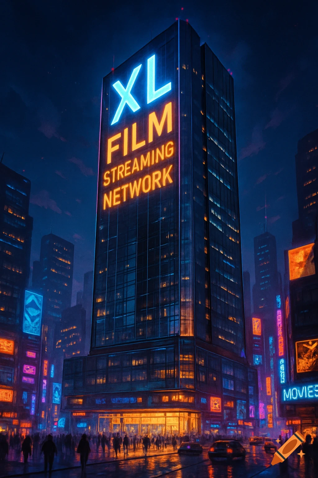 A vibrant, futuristic cityscape at night with a tall skyscraper glowing 'XL FILM STREAMING NETWORK' reflected on a wet street.