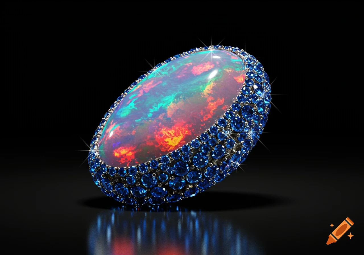 A large oval opal, shimmering with red, orange, blue, and green, surrounded by small sparkling blue gemstones, against a dark reflective background.