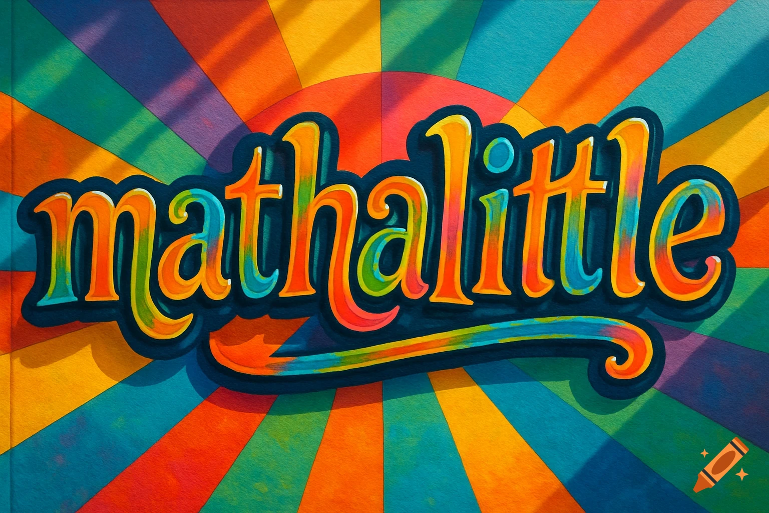 Colorful retro sign with the word 'mathalittle' against a radial rainbow background with a painterly texture.