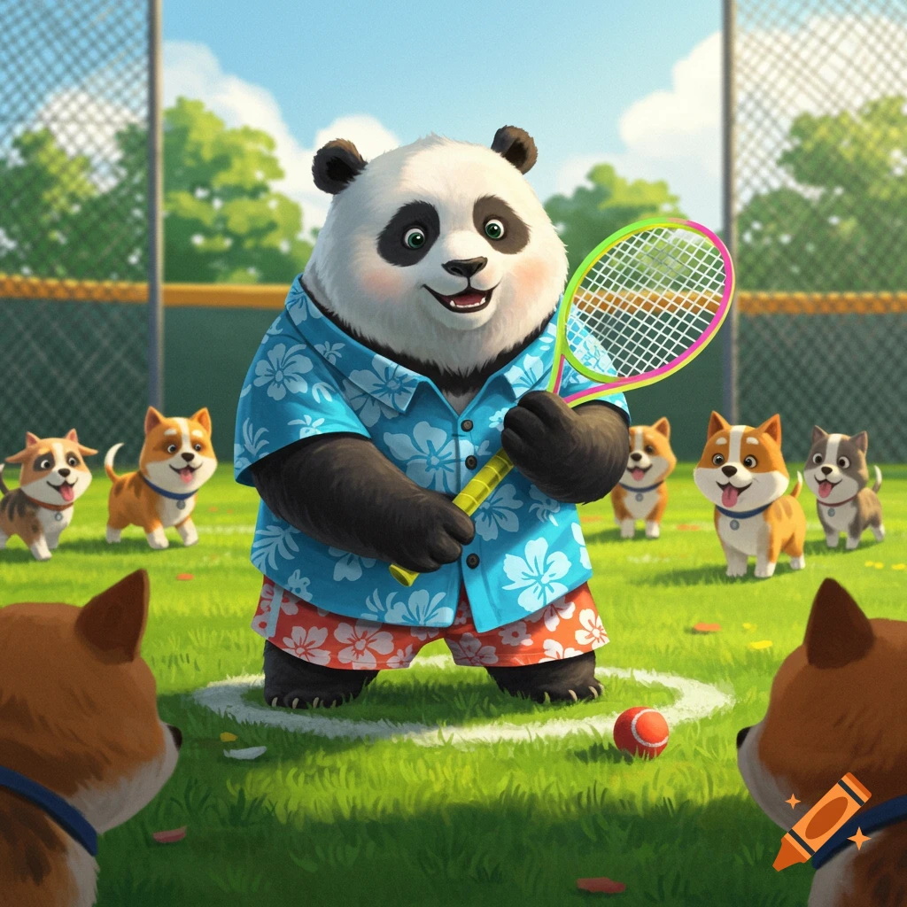 A cartoon panda in a Hawaiian shirt holds a tennis racket, surrounded by happy puppies on a sunny, grassy field.