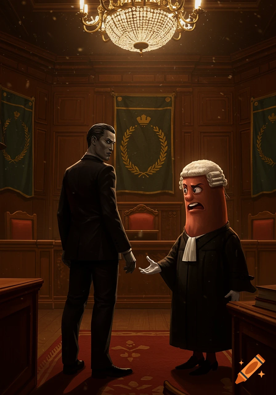 A man in a dark suit stands opposite an anthropomorphic sausage-like judge in a wig and robe in a grand courtroom.