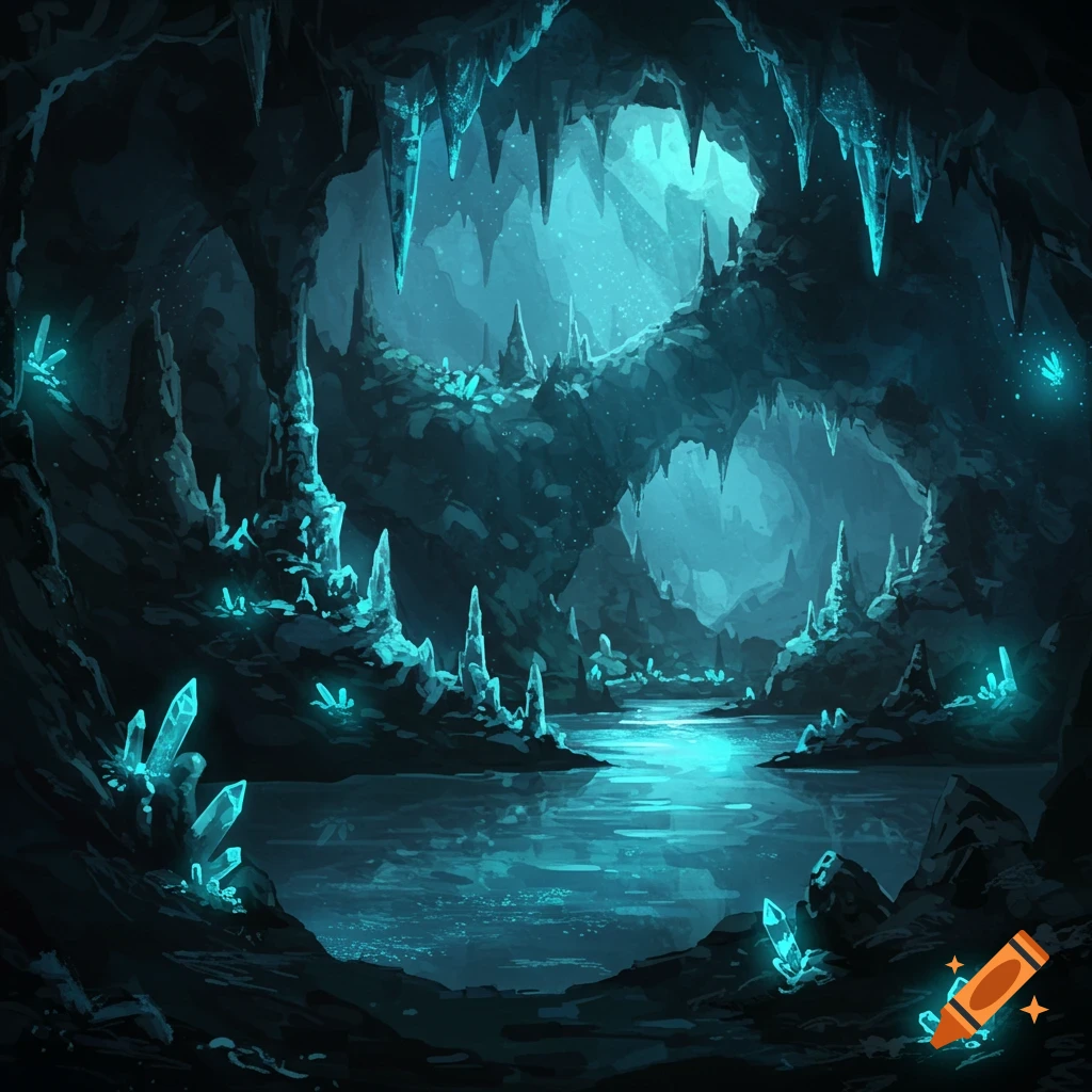 A dark fantasy cave illuminated by glowing blue crystals and a reflective pool of water, with stalactites and stalagmites.