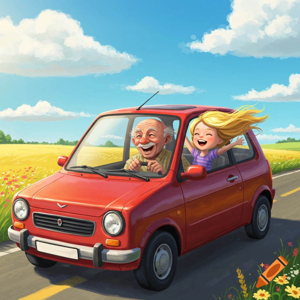 An old man and a young girl joyfully ride in a red cartoon car through sunny fields, with the girl's hair blowing in the wind.
