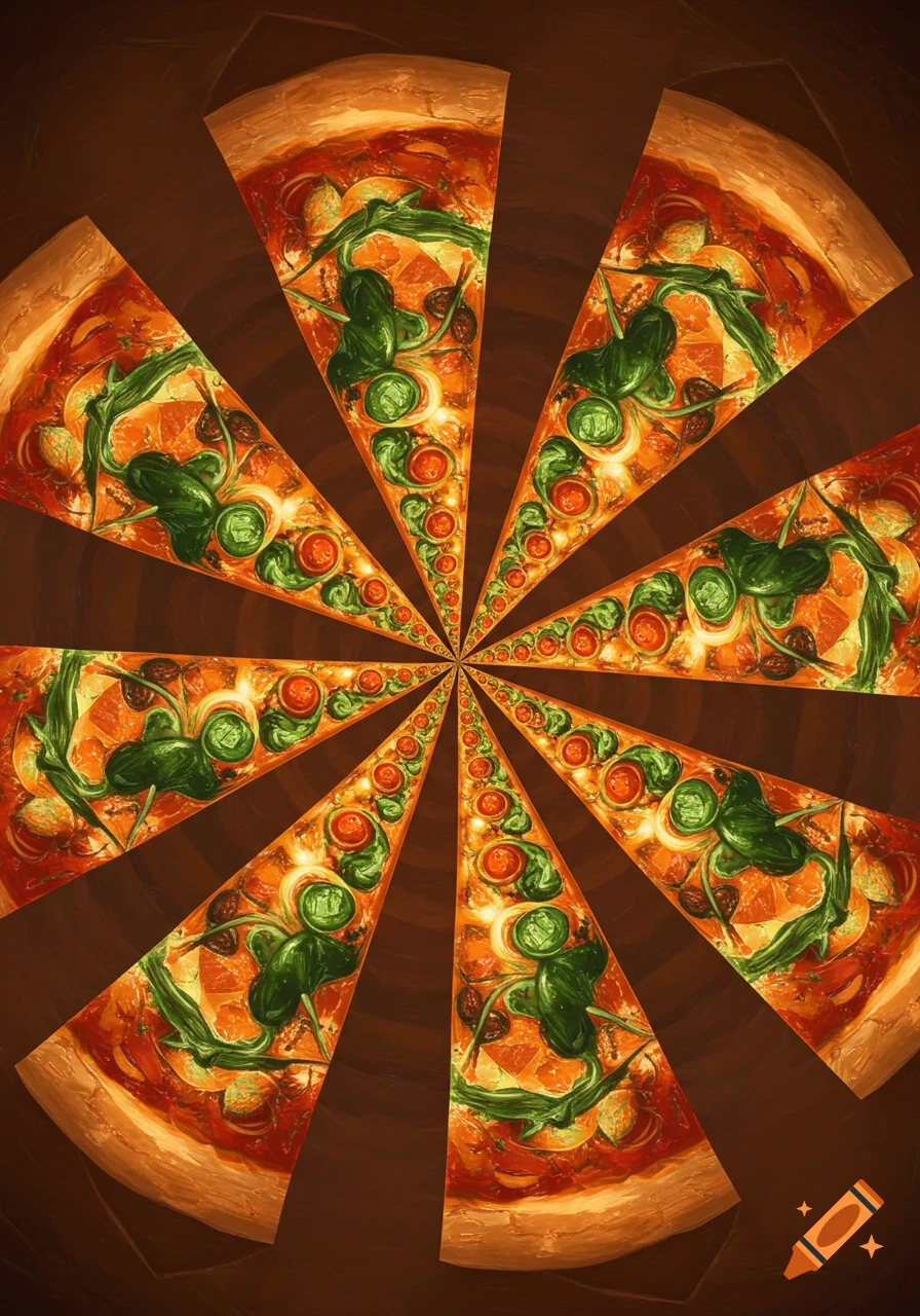 A top-down view of pizza slices arranged in a repeating fractal pattern, forming a kaleidoscope effect.