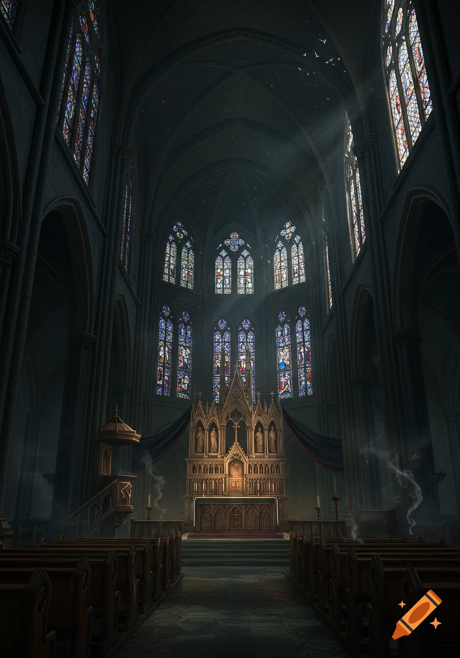 Atmospheric view inside a dark Gothic cathedral with colorful stained glass windows and sunbeams filtering through, illuminating the altar.