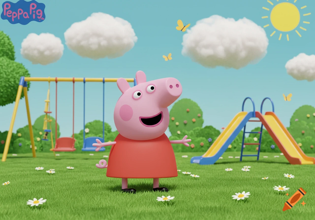 Peppa Pig stands happily in a sunny 3D animated playground with swings, a slide, green grass, and daisies.